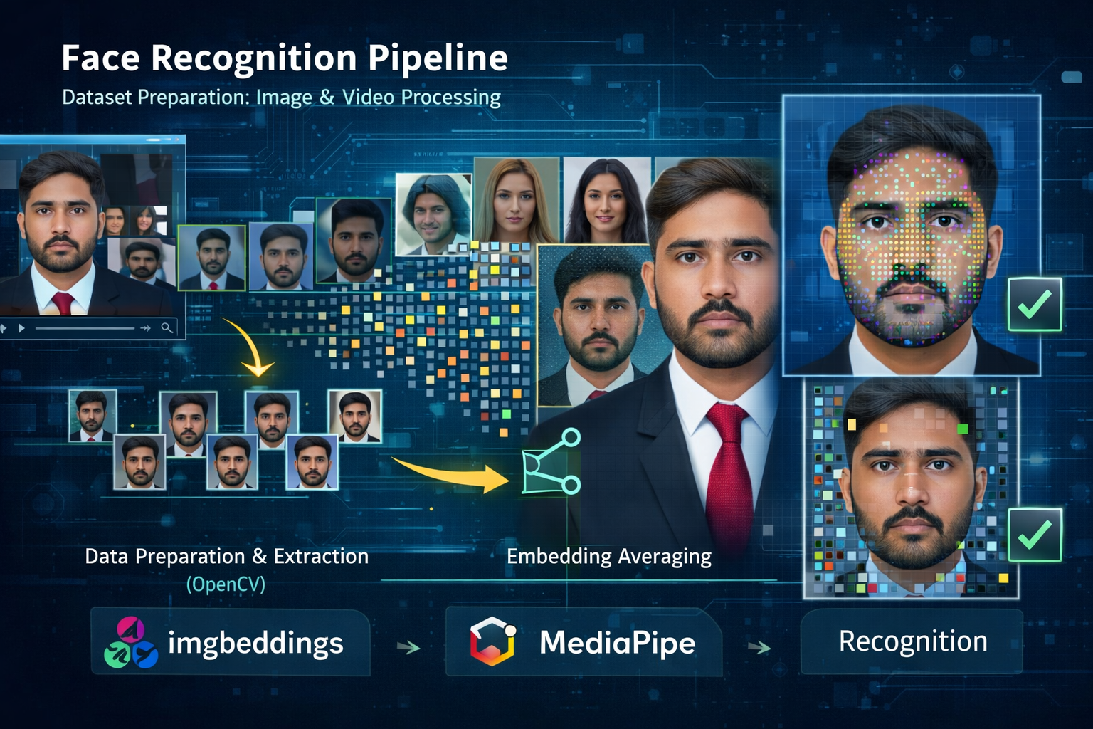 Face recognition pipeline using embeddings and MediaPipe face mesh